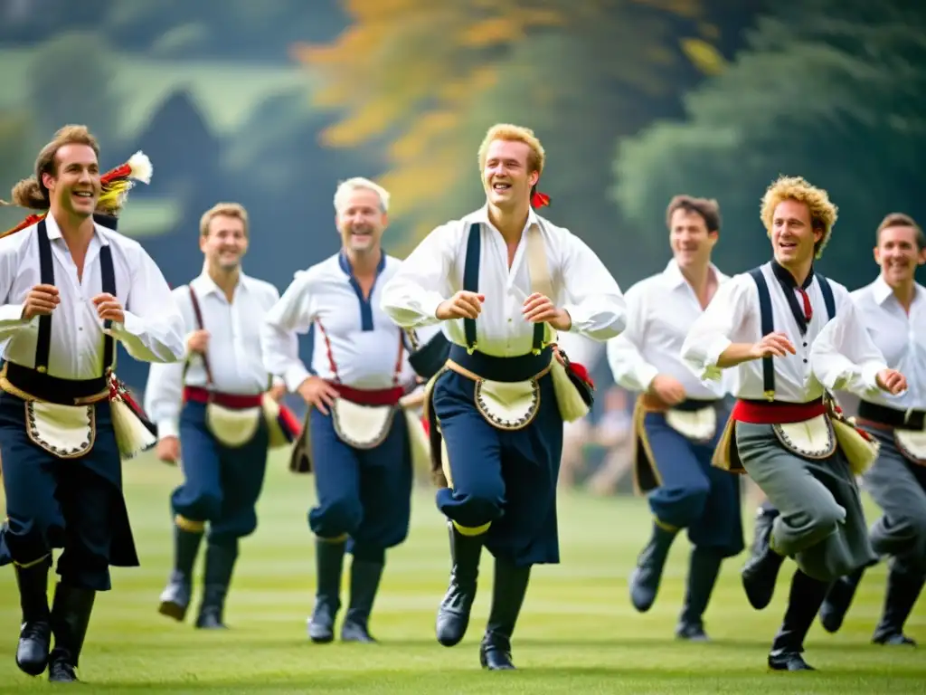 Grupo de bailarines Morris con trajes tradicionales en danza vibrante al aire libre