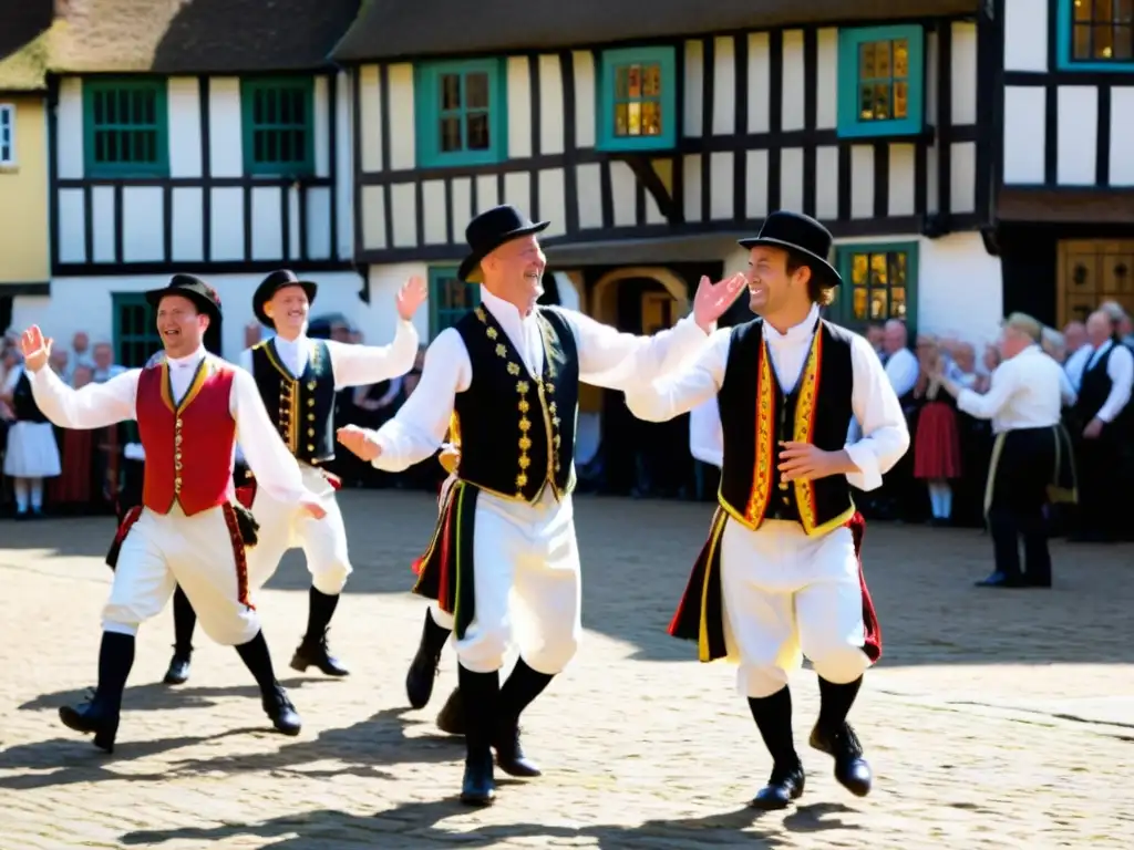 Un grupo de bailarines Morris en trajes tradicionales, realizando una danza animada entre espectadores sonrientes en una plaza inglesa