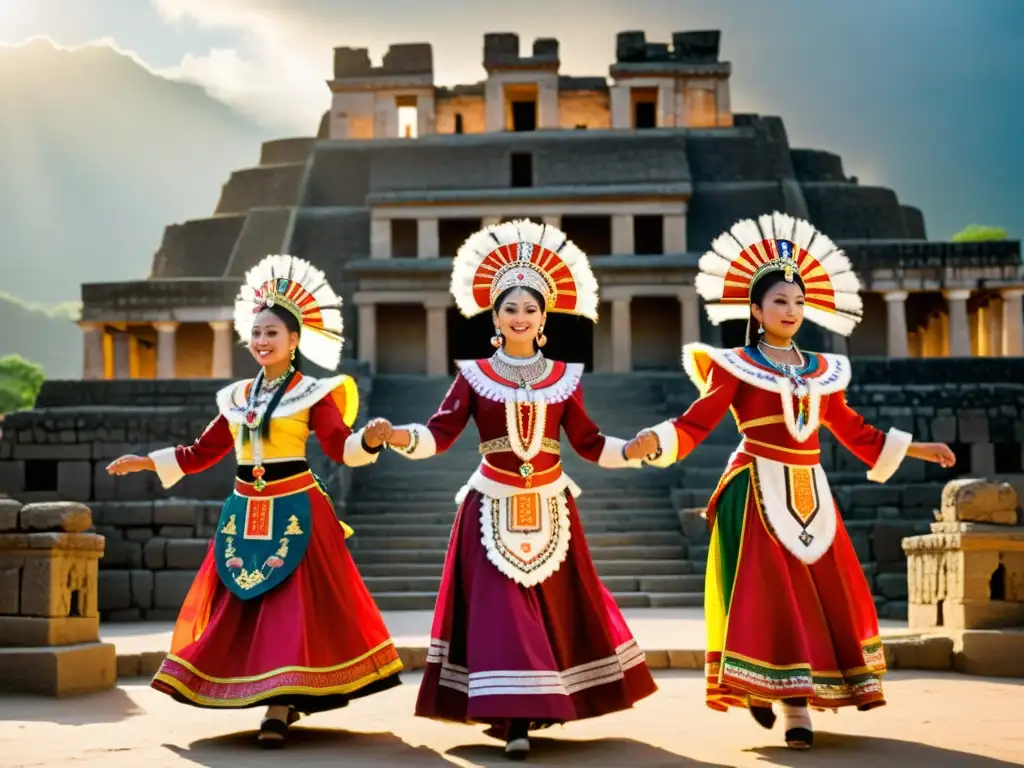 Grupo de bailarines en trajes tradicionales realizando danza ceremonial en ruinas antiguas, transmitiendo el significado cultural de los trajes y la danza tradicional