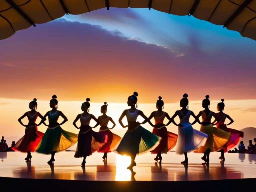 Grupo de bailarines en trajes tradicionales realizan danza en escenario al atardecer