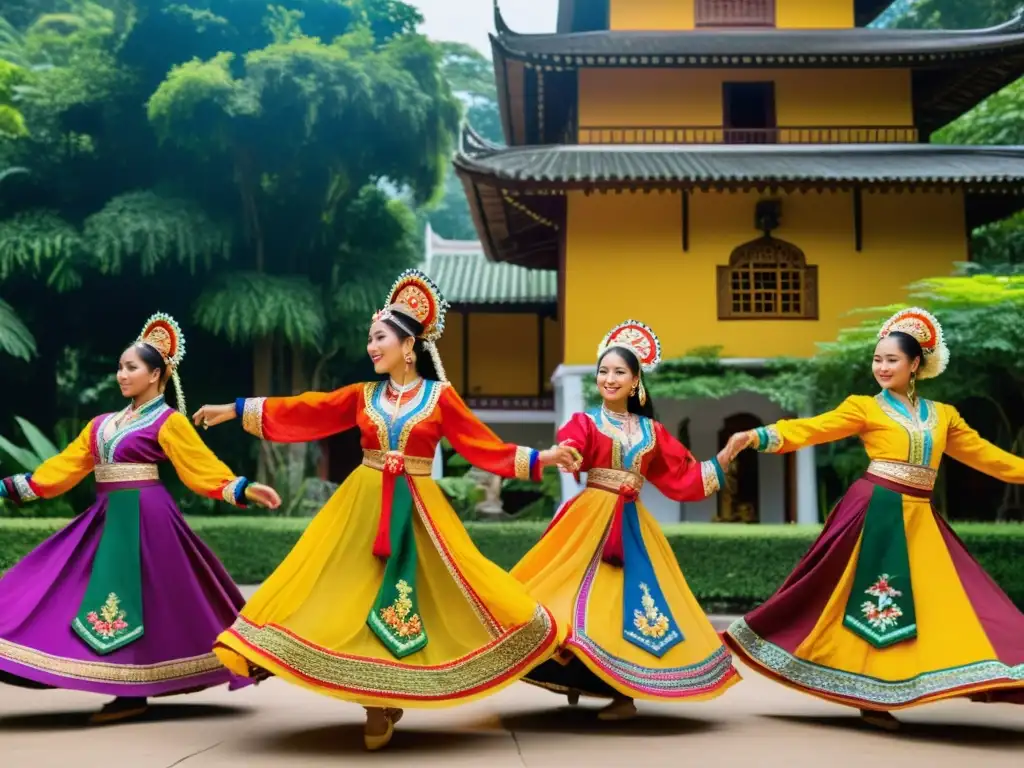 Grupo de bailarines en trajes tradicionales realizando una cautivadora danza en medio de una exuberante vegetación y arquitectura colorida