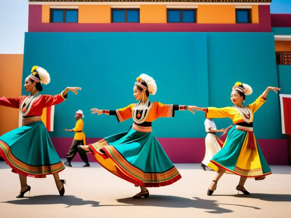 Grupo de bailarines en trajes tradicionales realiza danza en la ciudad, mostrando integración de danzas tradicionales modernas