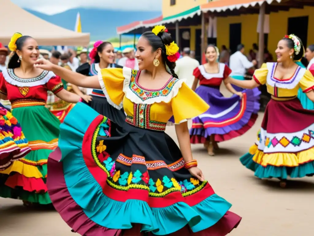 Un grupo de bailarines con trajes tradicionales latinoamericanos danzan en un animado mercado