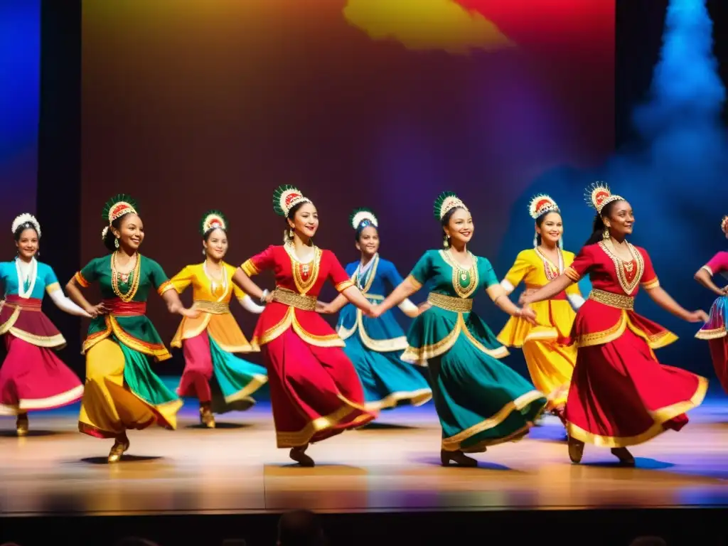 Grupo de bailarines en trajes tradicionales de todo el mundo, actuando en un escenario, expresando pasión y dedicación