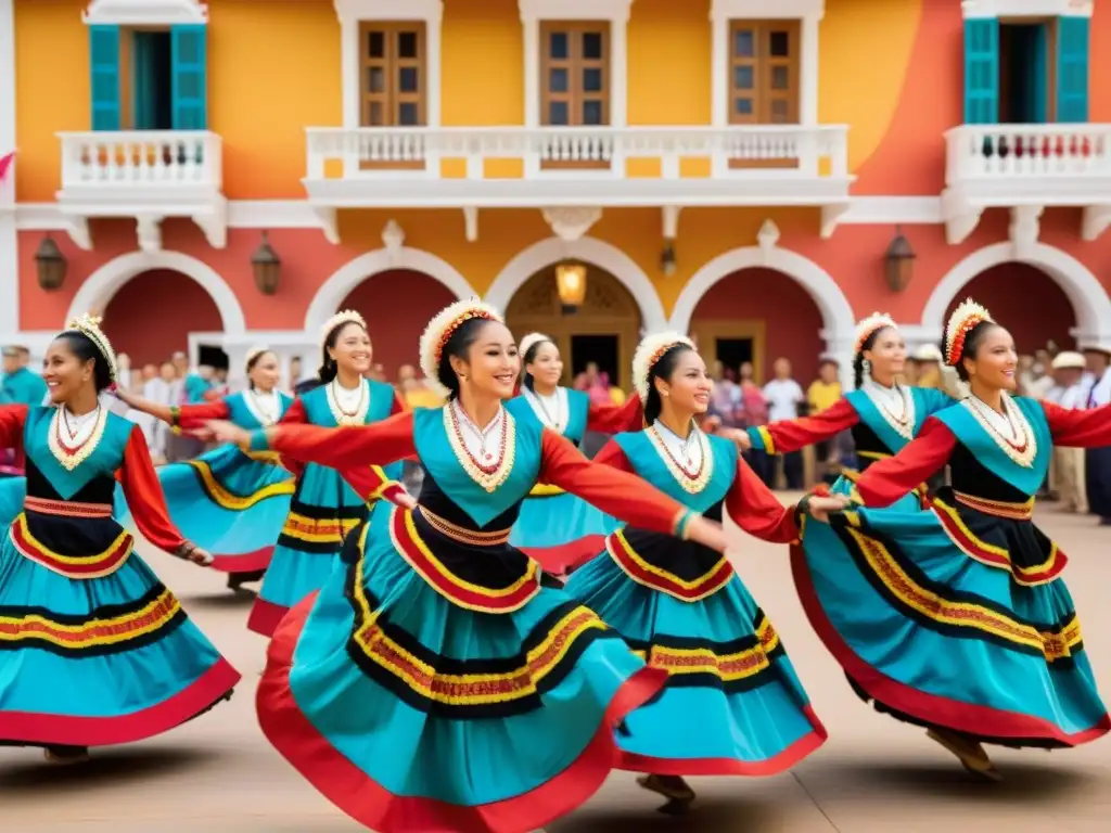 Grupo de bailarines en trajes tradicionales realizando danza sincronizada en festival cultural