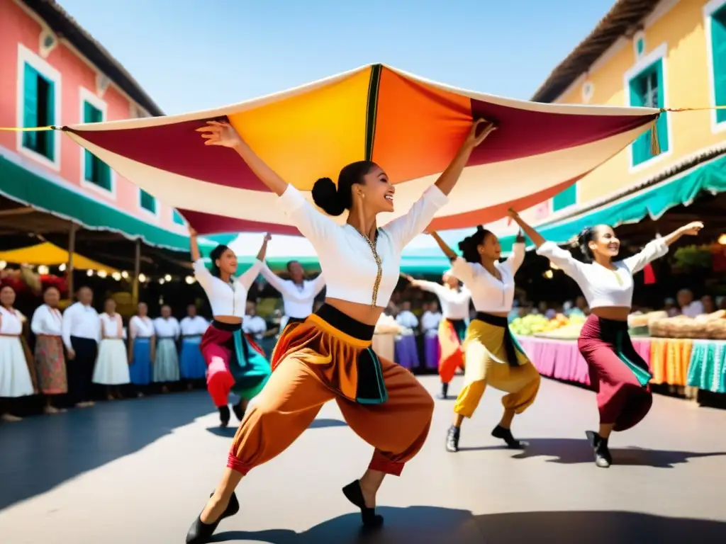 Grupo de bailarines en trajes tradicionales realizando una rutina sincronizada en un bullicioso mercado, capturando la fluidez cultural