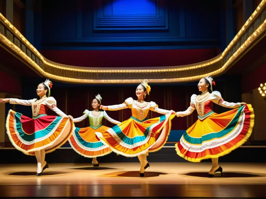 Grupo de bailarines en trajes tradicionales ejecutando una rutina vibrante en un teatro histórico