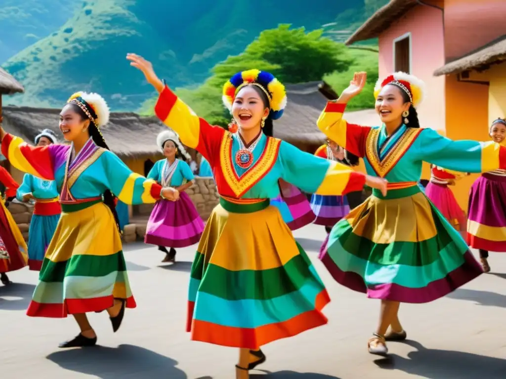 Grupo de bailarines en trajes tradicionales danzando en un pueblo histórico, evocando la riqueza cultural de documentales de danza tradicional