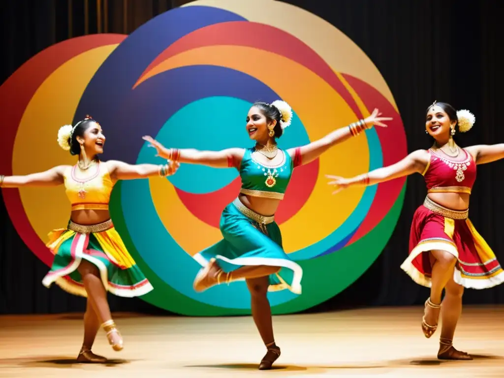 Grupo de bailarines en trajes tradicionales de la India realizando la enérgica danza Kolattam, rodeados de patrones vibrantes y espectadores, capturando la esencia de esta danza tradicional de la India