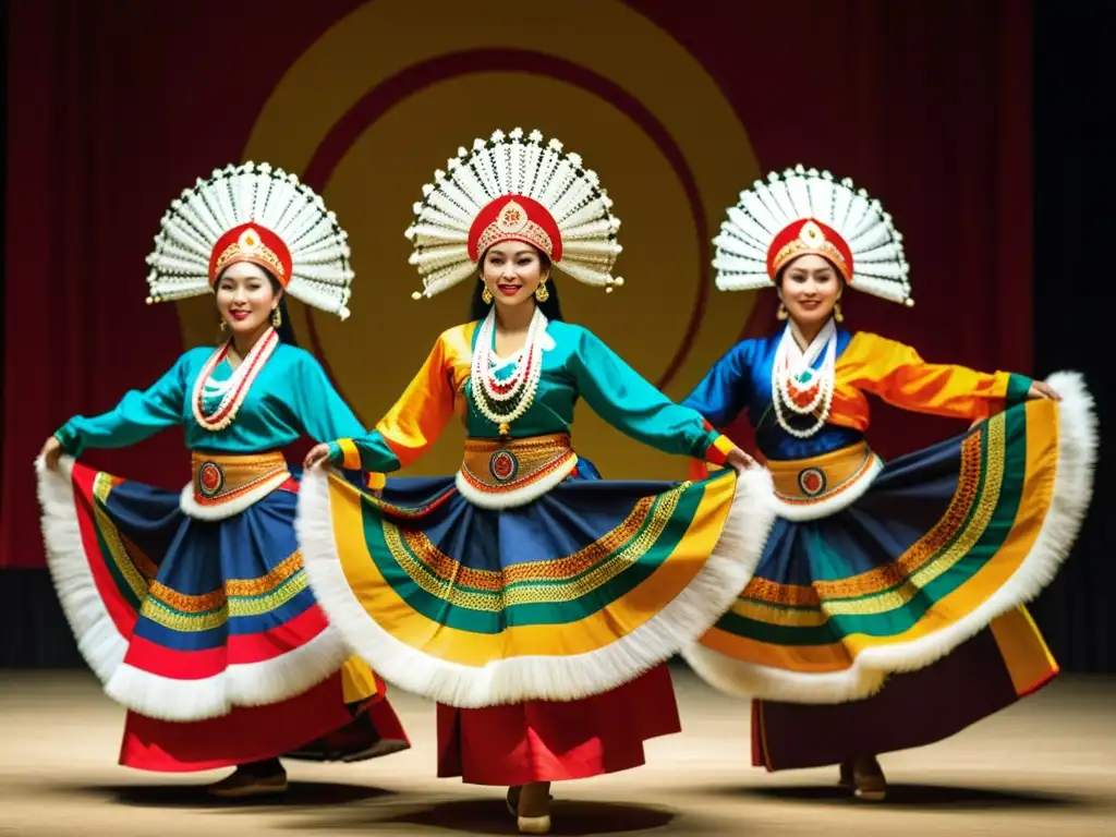 Grupo de bailarines en trajes tradicionales danzan con gracia y elegancia, mostrando la moda de la danza tradicional