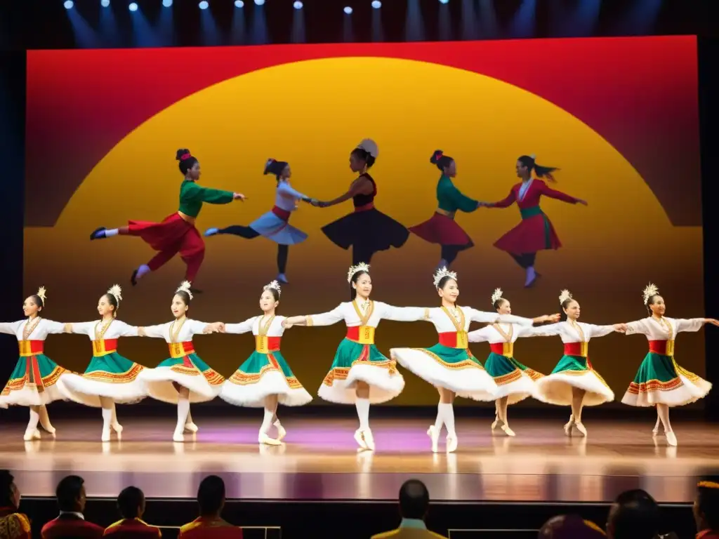 Grupo de bailarines en trajes tradicionales realizan una danza sincronizada en un escenario, uniendo culturas en un espectáculo vibrante