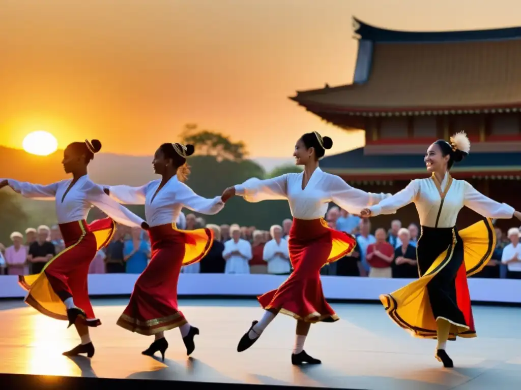 Grupo de bailarines en trajes tradicionales vibrantes celebrando el significado cultural de festivales de danza al atardecer