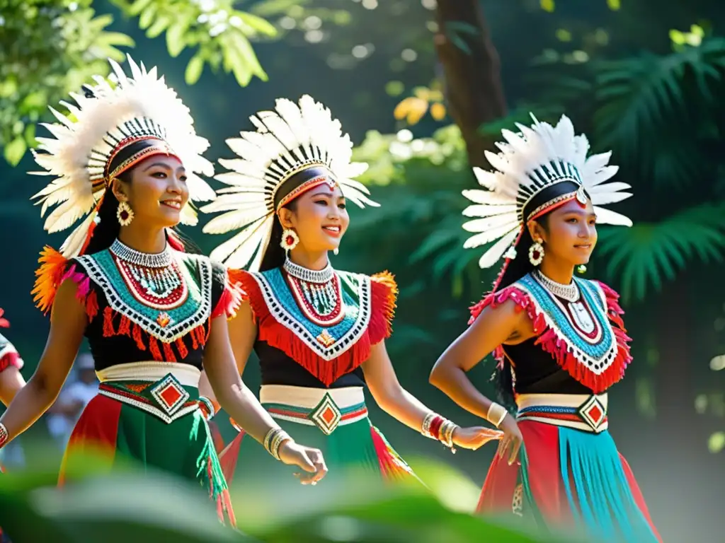 Grupo de bailarines en trajes tradicionales danzando en la naturaleza