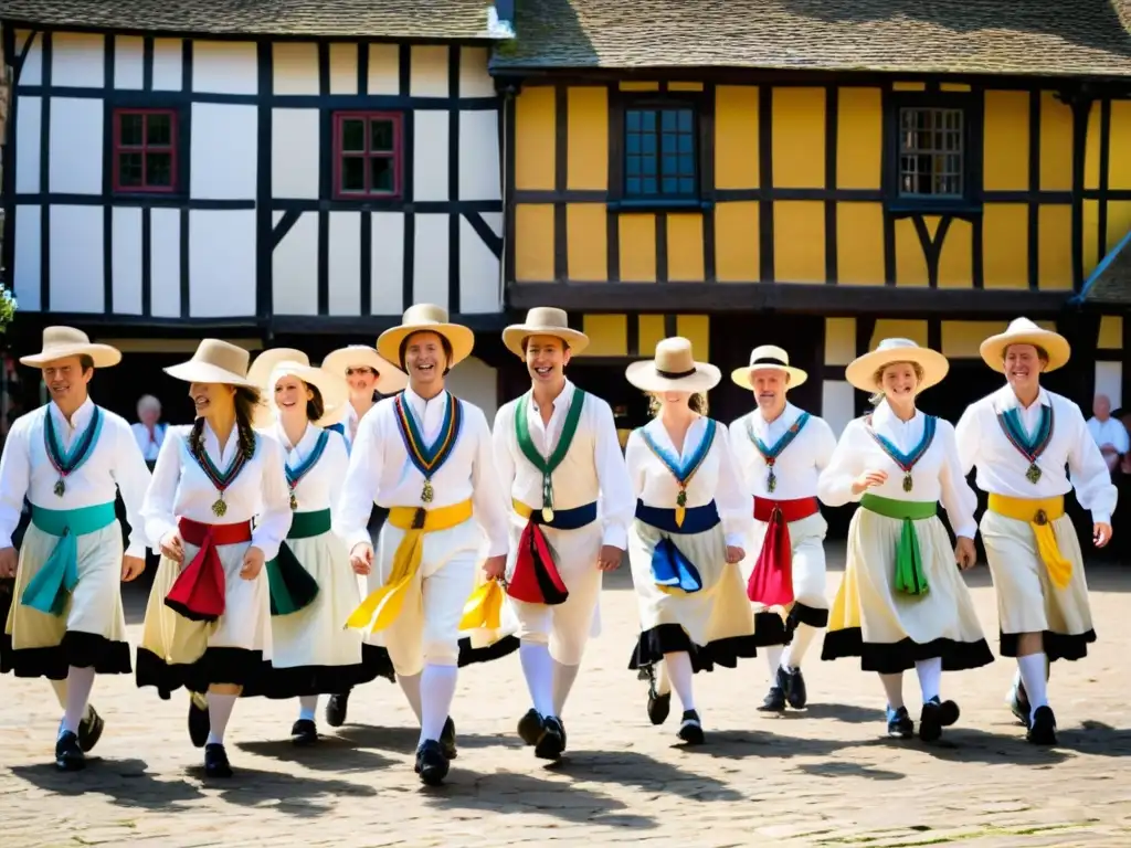 Grupo de bailarines Morris con trajes tradicionales realizando una animada danza con cintas y pañuelos en una pintoresca plaza de pueblo inglés