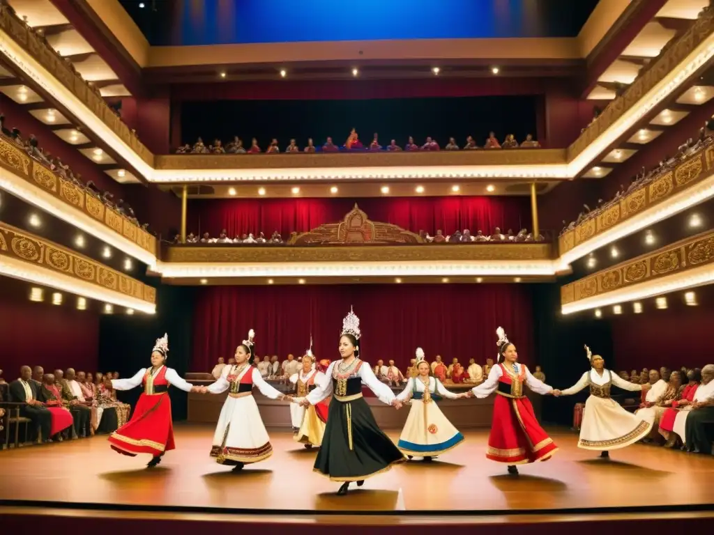 Grupo de bailarines en trajes tradicionales realizando una danza cultural en teatro histórico