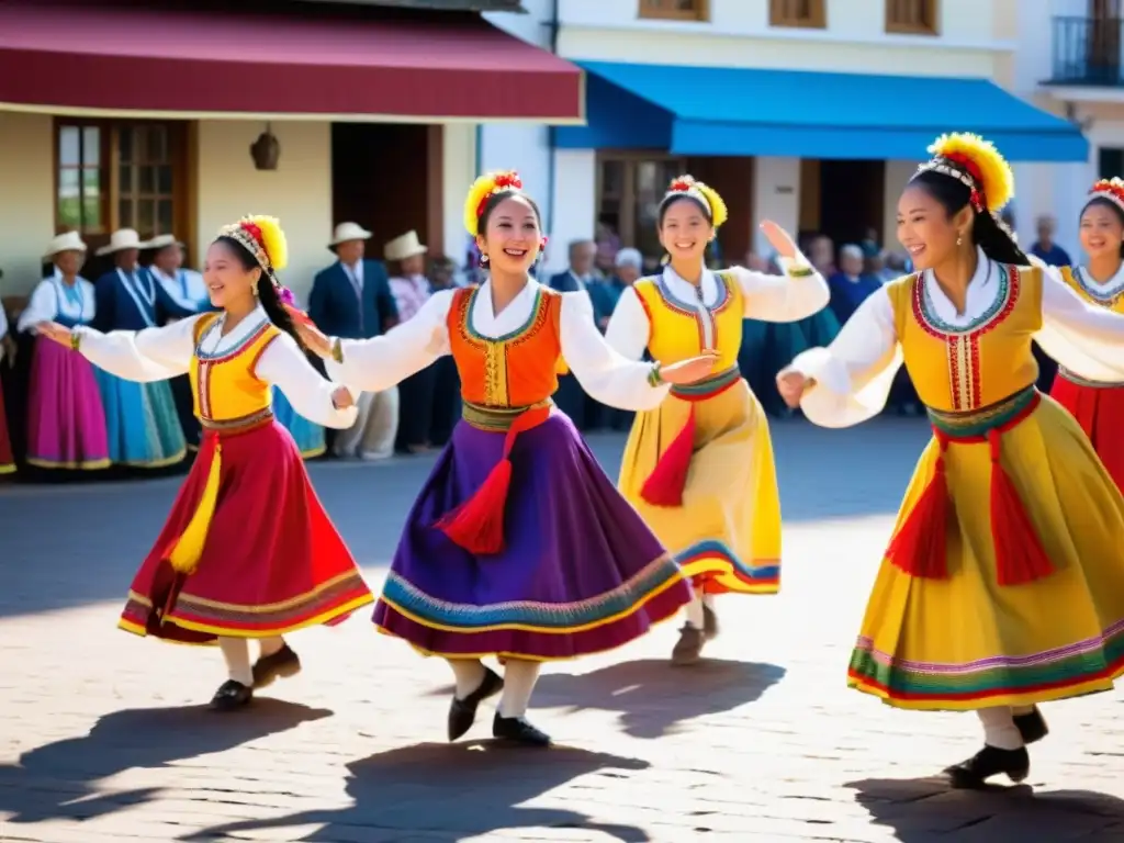 Grupo de bailarines en trajes tradicionales realizan danza folclórica en plaza soleada, mientras espectadores aplauden