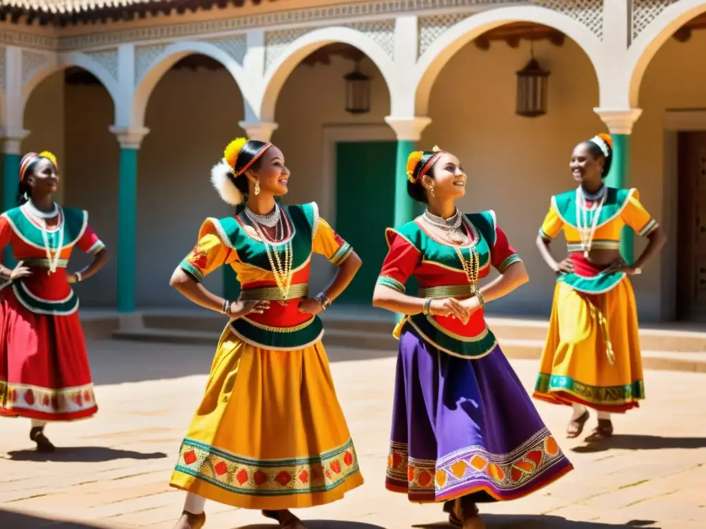 Grupo de bailarines en trajes tradicionales, realizando una danza en un patio soleado