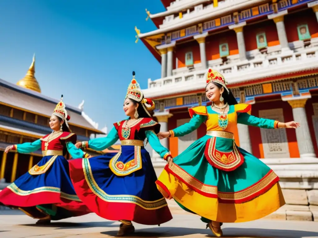 Grupo de bailarines en trajes tradicionales coloridos danzando en un templo histórico, evocando la rica cultura de las danzas tradicionales