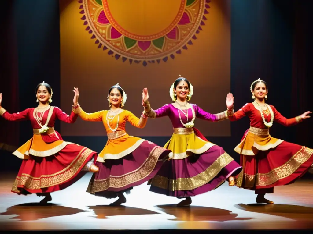 Grupo de bailarines de Kathak en trajes tradicionales, con elegantes movimientos y expresiones cautivadoras