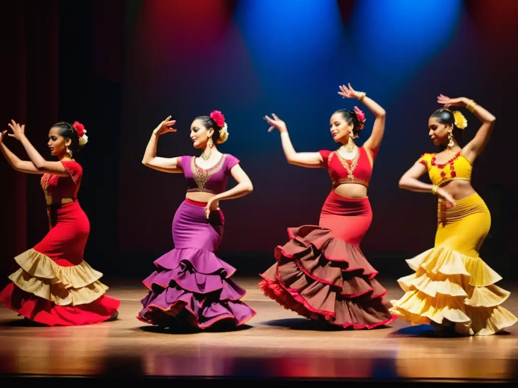 Grupo de bailarines en trajes tradicionales de flamenco y Bharatanatyam fusionando danzas en un escenario iluminado, representando la comparativa danzas tradicionales mundo