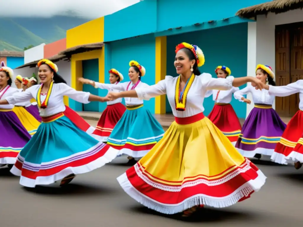 Grupo de bailarines en trajes tradicionales colombianos danzando al ritmo de la cumbia en un tutorial de danzas tradicionales colombianas