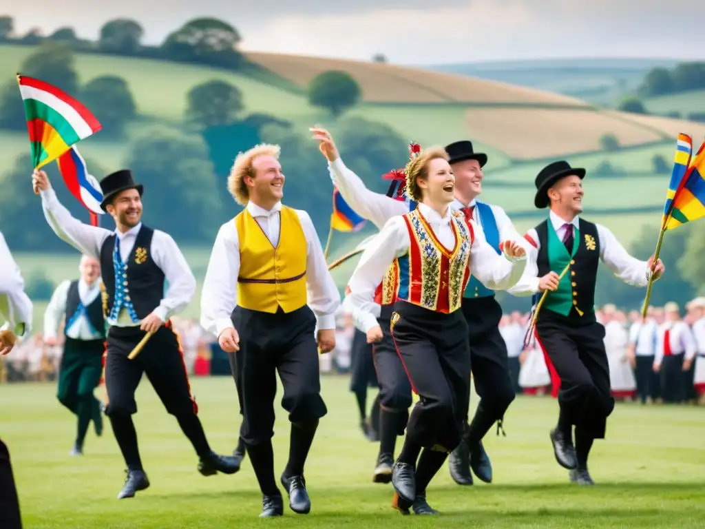 Grupo de bailarines Morris en trajes tradicionales, bailando con alegría en el campo inglés