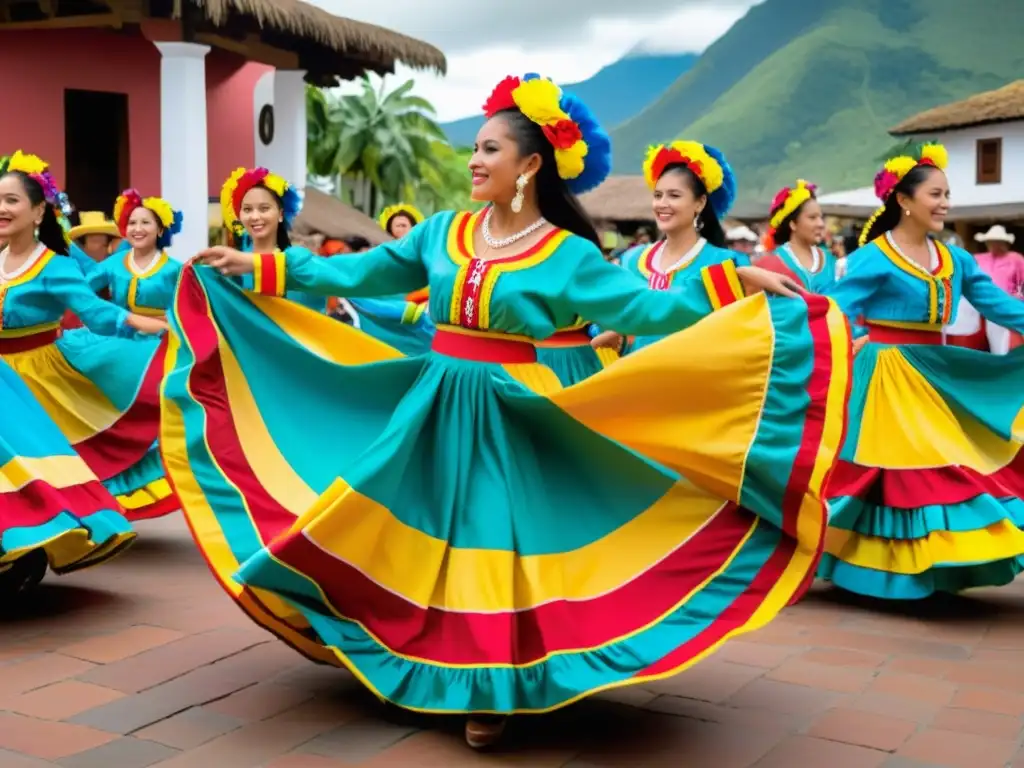 Grupo de bailarines en trajes tradicionales colombianos realizando el enérgico baile del Bambuco en la plaza del pueblo