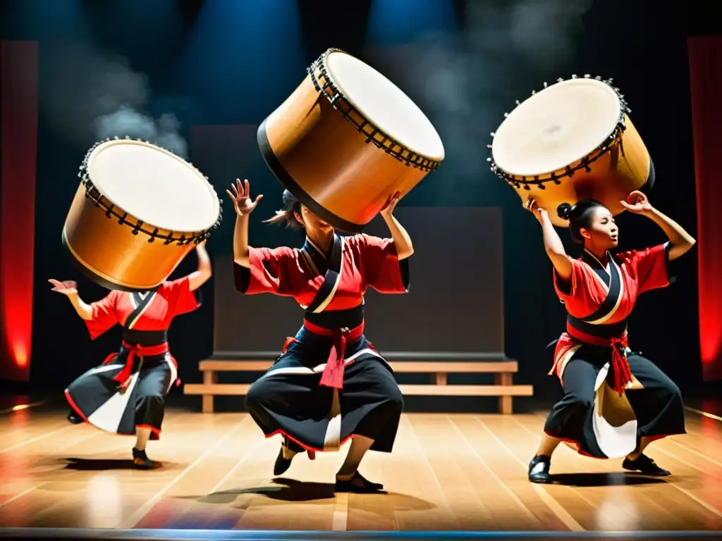 Un grupo de bailarines en trajes tradicionales japoneses ejecutando movimientos intrincados y poderosos al ritmo de tambores taiko, con una atmósfera intensa