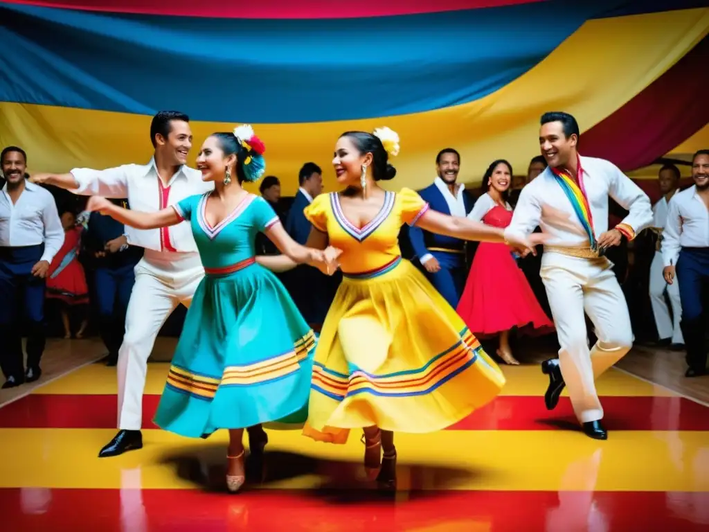 Grupo de bailarines en trajes tradicionales colombianos, bailando La Salsa Caleña con pasión y energía contagiosa