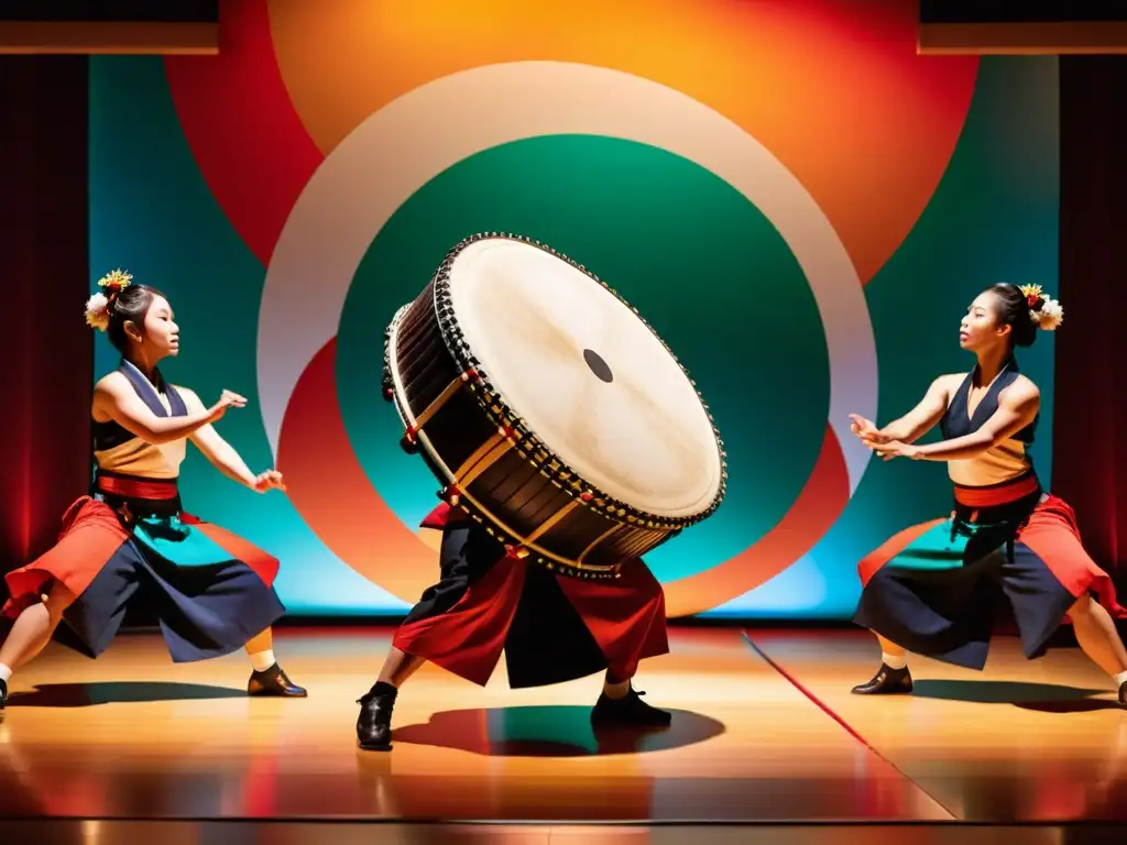 Un grupo de bailarines en trajes tradicionales japoneses realizando movimientos precisos al ritmo de un tambor taiko, rodeados de una exhibición fascinante de tela colorida y una iluminación dramática que captura la intensidad y gracia de su actuación