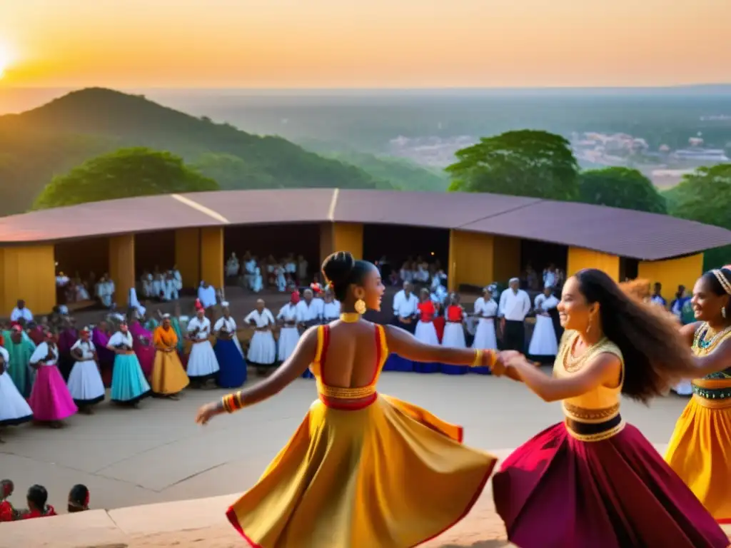 Grupo de bailarines en trajes tradicionales danzando al ritmo de música étnica en un anfiteatro al atardecer