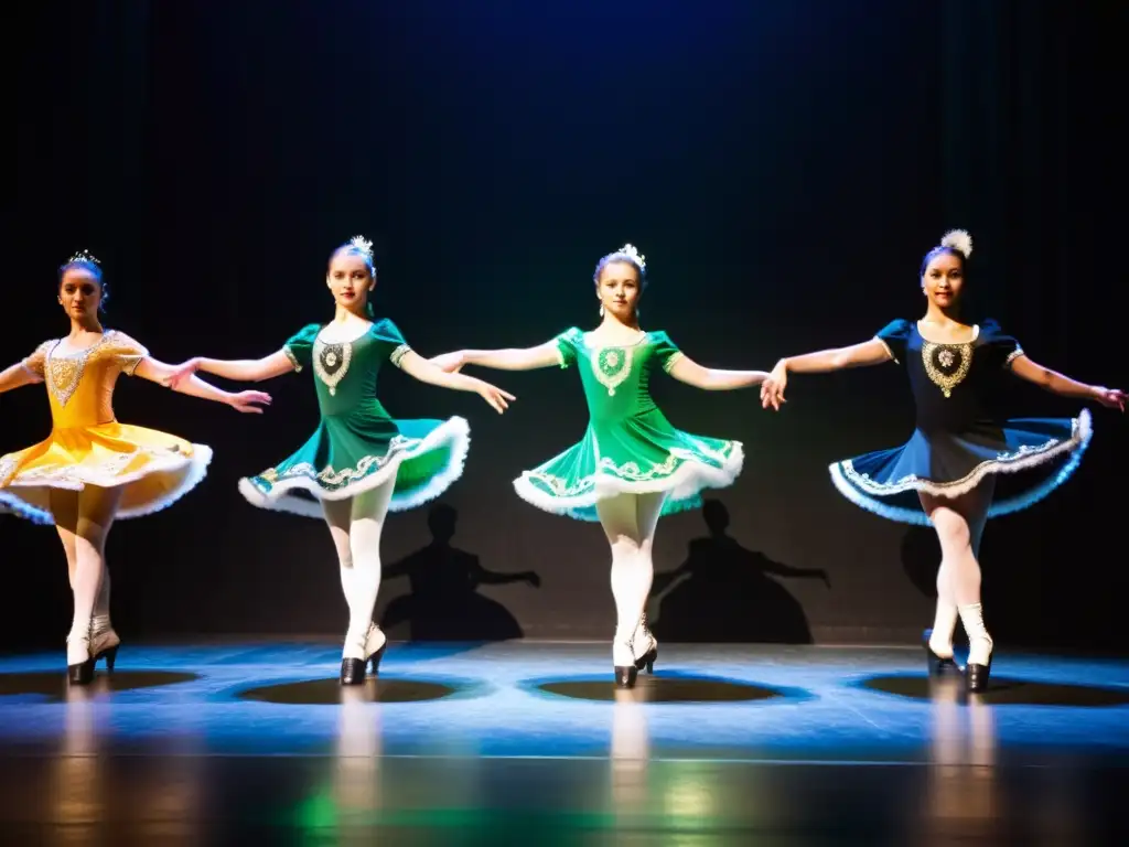 Un grupo de bailarines con trajes tradicionales de danza irlandesa realizando pasos precisos y elegantes en el escenario, iluminados por luces suaves