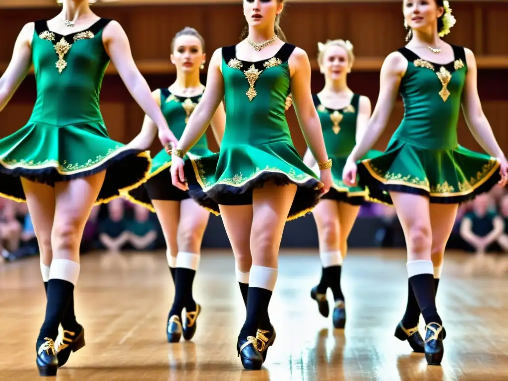 Un grupo de bailarines en trajes tradicionales de danza irlandesa, realizando una actuación llena de energía y gracia