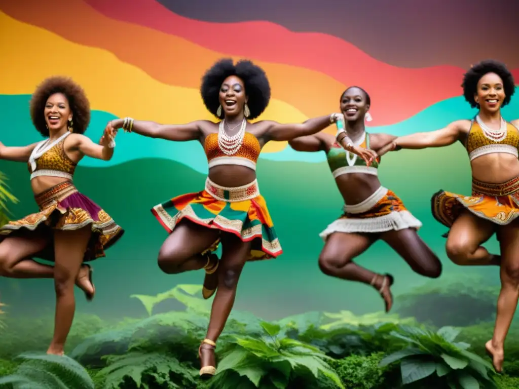 Un grupo de bailarines en trajes tradicionales de danza afrodisíaca, con patrones y colores vibrantes