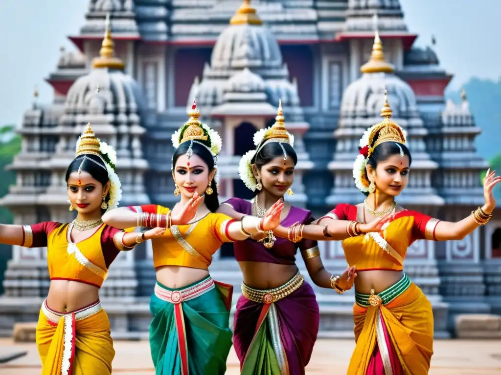 Grupo de bailarines de Odissi en trajes tradicionales, ejecutando una danza de la diosa hindú en un templo con significado cultural del Odissi en India