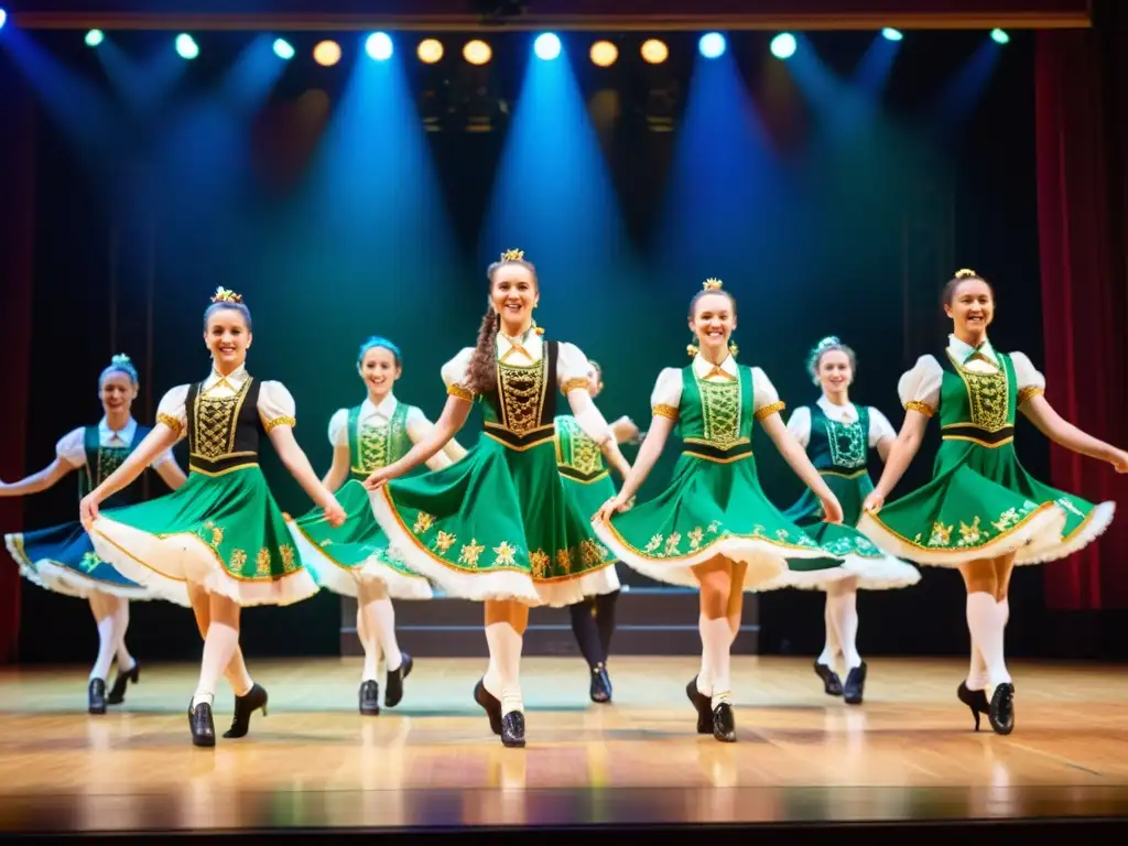 Grupo de bailarines en trajes tradicionales de danza irlandesa, actuando con energía y precisión en el escenario, mientras el público observa con asombro