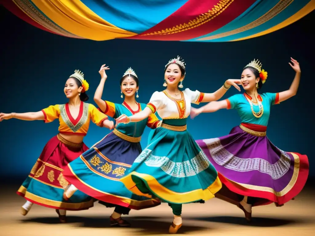 Grupo de bailarines en trajes tradicionales, ejecutando una danza étnica