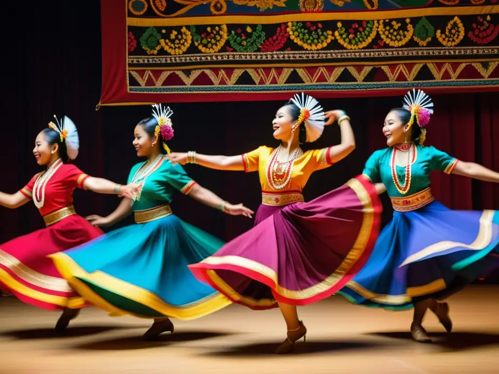 Grupo de bailarines en trajes tradicionales, danzando al ritmo de la música étnica