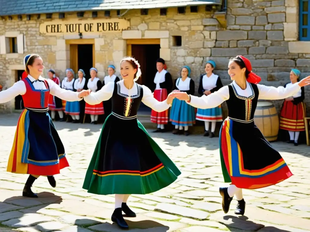 Grupo de bailarines en trajes tradicionales bretones bailando en una plaza soleada