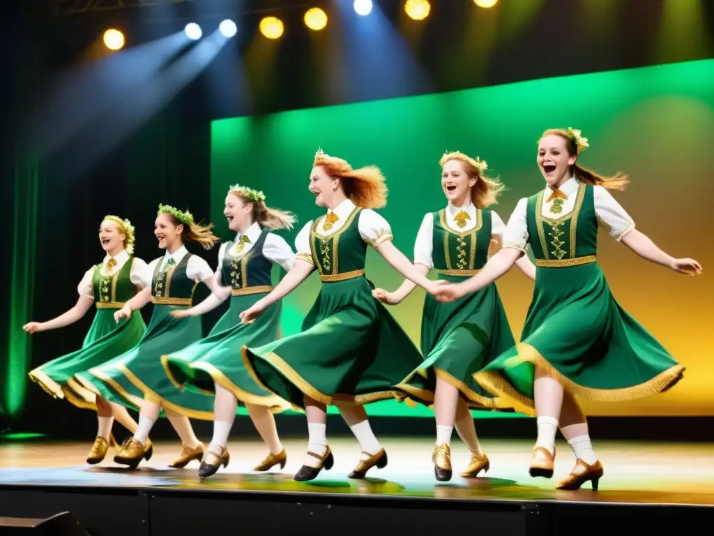 Grupo de bailarines en trajes tradicionales irlandeses realizando pasos sincronizados al ritmo de la música gaélica