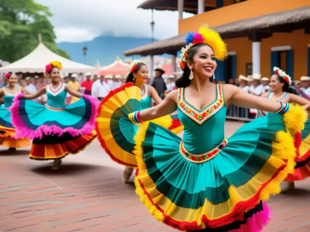 Grupo de bailarines en trajes tradicionales latinoamericanos realizando una danza vibrante en la plaza