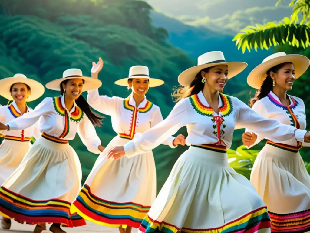 Un grupo de bailarines en trajes tradicionales colombianos danzando al ritmo de la cumbia, rodeados de exuberante vegetación