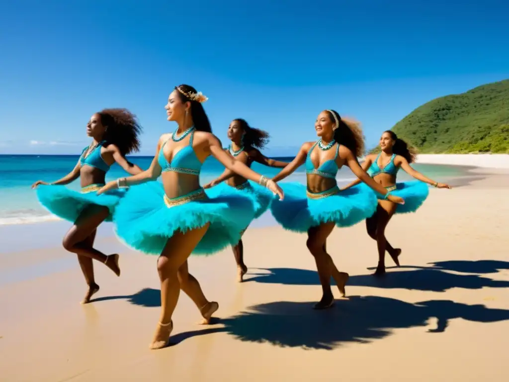 Grupo de bailarines en trajes tradicionales de Oceanía realizando movimientos intensos en la playa