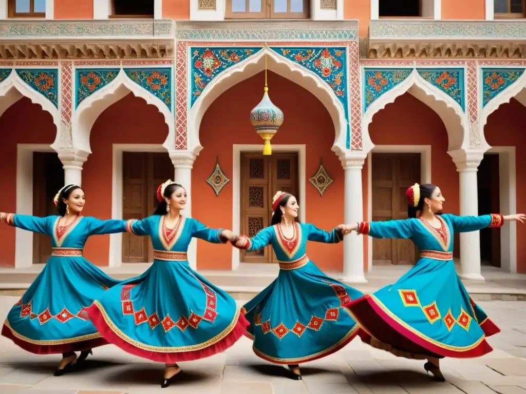 Grupo de bailarines con trajes tradicionales Azerí, danzando al ritmo de la música en un patio histórico