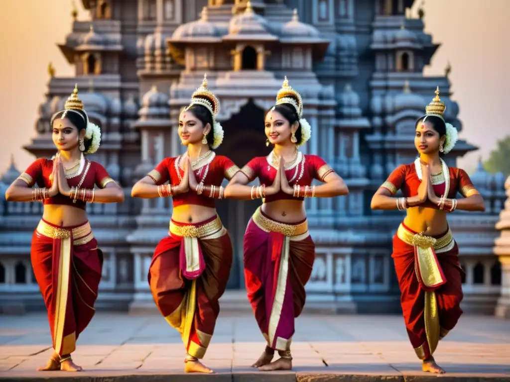 Grupo de bailarines de Odissi en trajes tradicionales, ejecutando posturas dinámicas con expresiones y gestos precisos, frente a un templo ornamentado