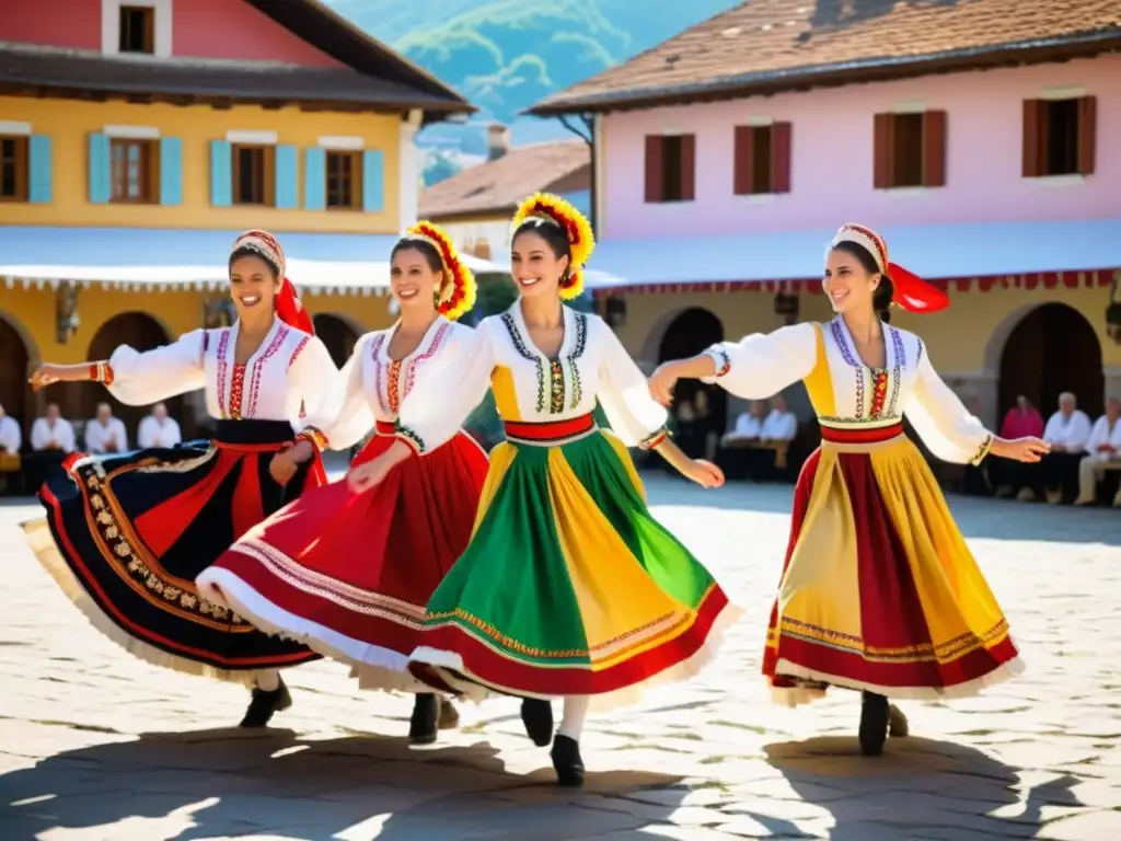 Un grupo de bailarines en trajes tradicionales balcánicos realizando una danza sincronizada en una plaza soleada