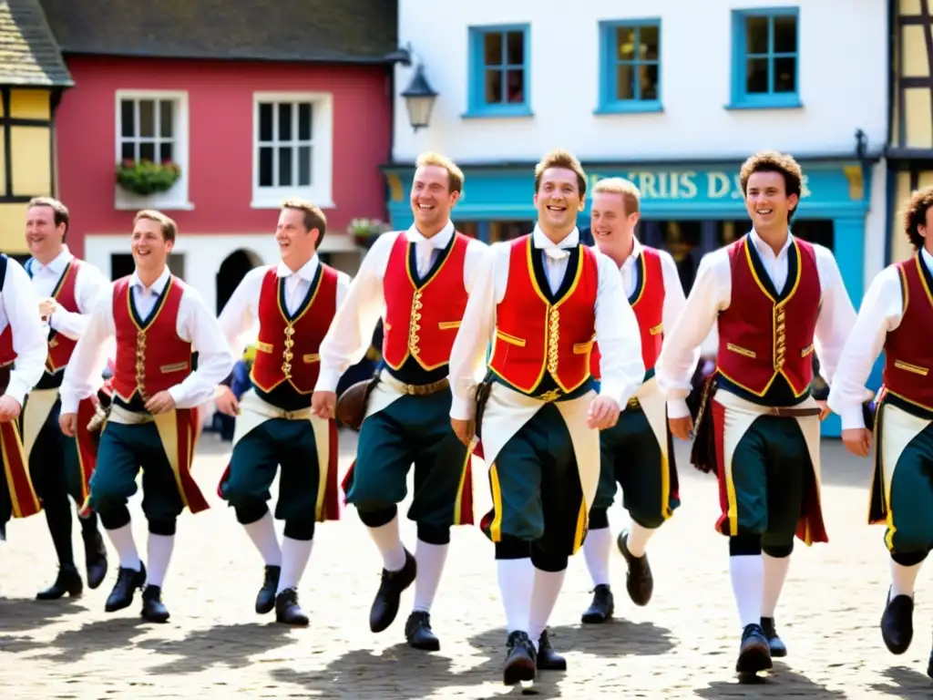 Grupo de bailarines de Morris con trajes tradicionales realizando una animada danza sincronizada en una soleada plaza inglesa