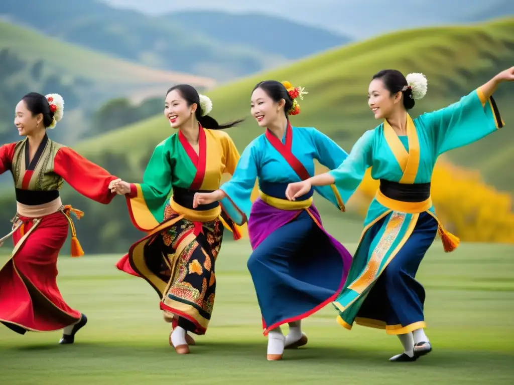 Grupo de bailarines en trajes tradicionales de Asia Central, enseñando danzas folclóricas con gracia y energía frente a un paisaje colorido