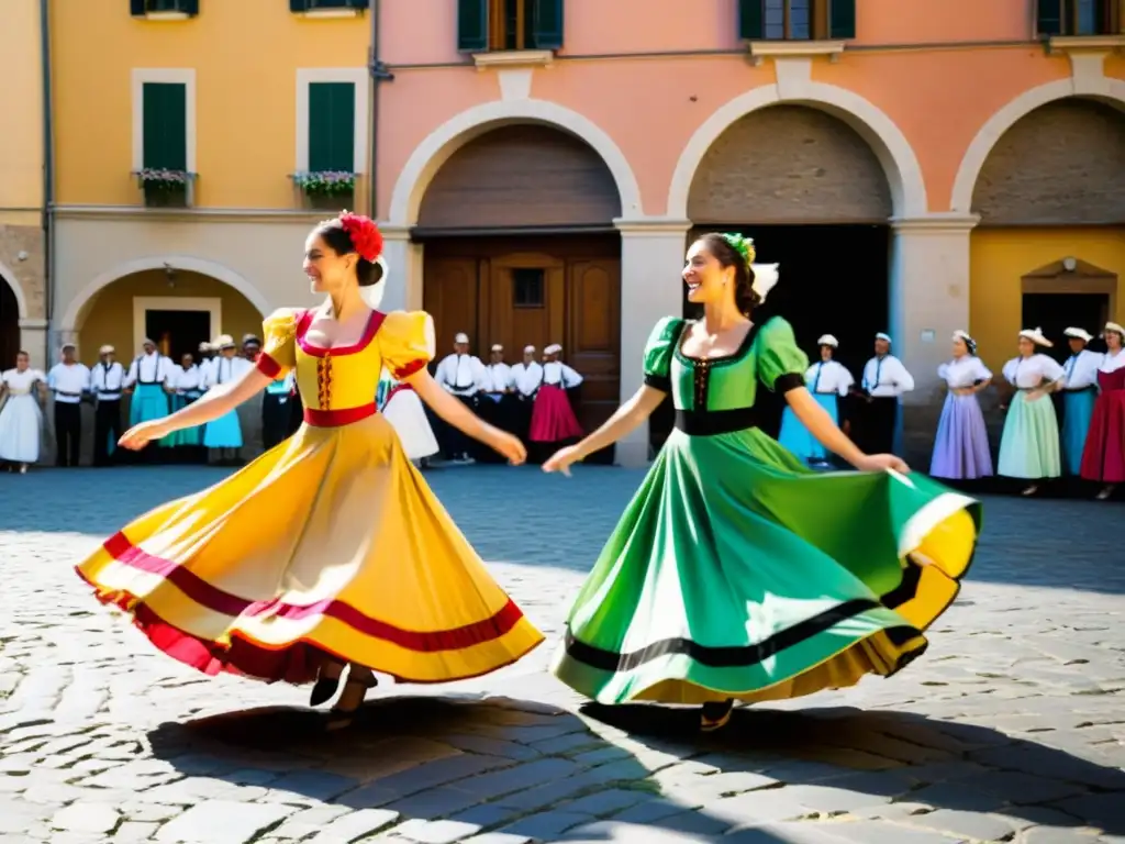 Un grupo de bailarines en trajes tradicionales italianos, bailando alegremente un saltarello en una plaza soleada