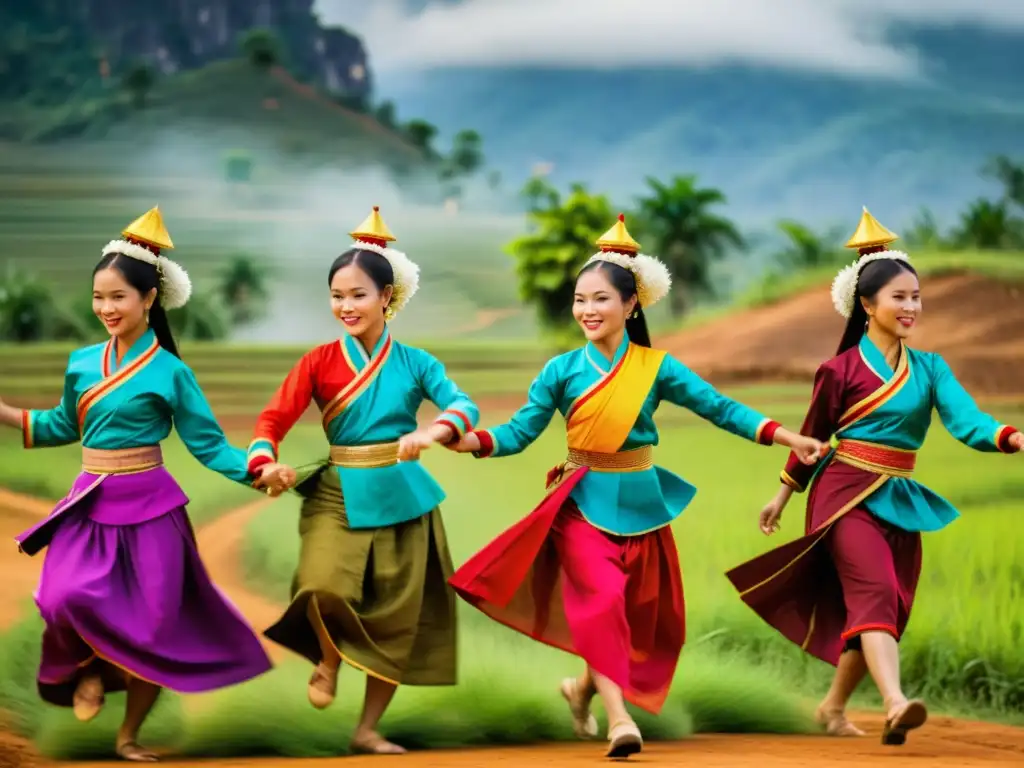 Grupo de bailarines en trajes tradicionales laosianos danzando con pasión y gracia en paisaje rural